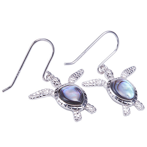 Sterling Silver Abalone Inlay Swimming Sea Turtle Hook Earring