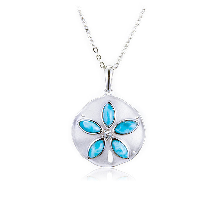 Sterling Silver Larimar Inlay CZ Sand Dollar Pendant(Chain Sold Separately)