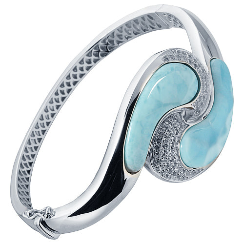 Sterling Silver Larimar Wave with CZ Bangle Bracelet