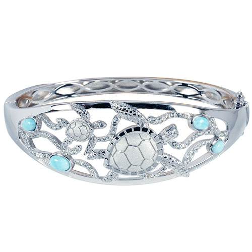 Sterling Silver Swimming Turtle with Larimar Bead Bangle