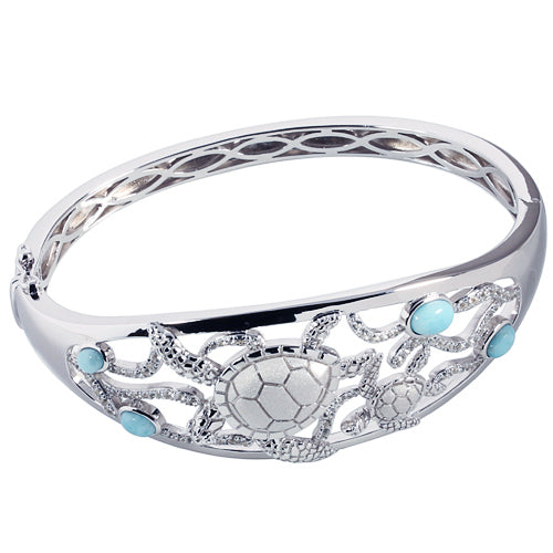 Sterling Silver Swimming Turtle with Larimar Bead Bangle