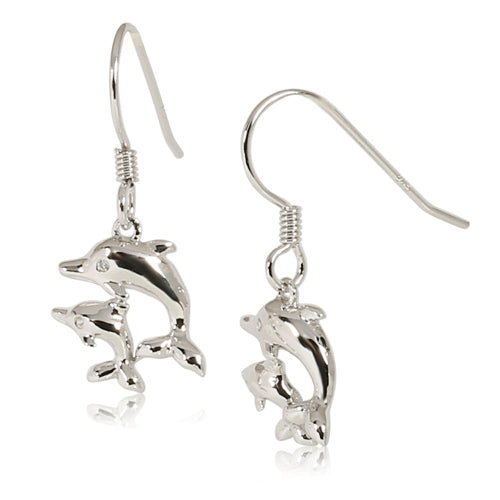 Sterling Silver Dangling Two Dolphins Earrings