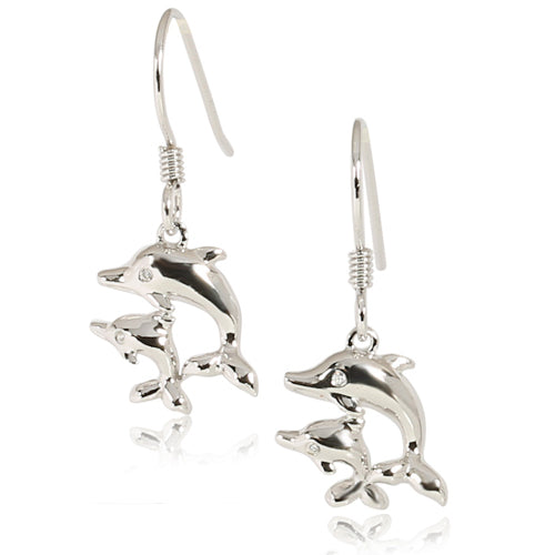 Sterling Silver Dangling Two Dolphins Earrings