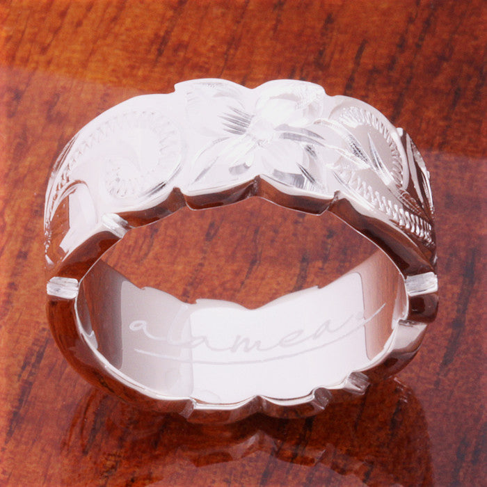 Hawaiian Scroll with Plumeria Cut Out Edge Ring Heavy Weight