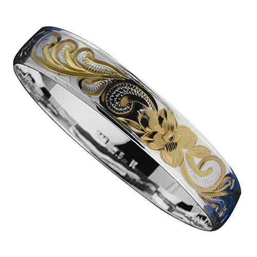 Hawaiian Sterling Silver Bangle Queen Scroll Engraving Straight Edge Yellow Gold Two Tone