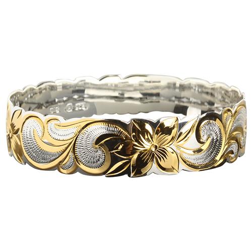 Hawaiian Sterling Silver Bangle Queen Scroll Engraving Cut Out Edge Yellow Gold Two Tone