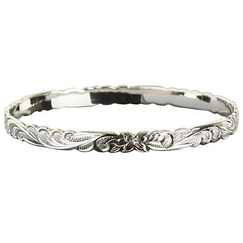 Hawaiian Sterling Silver Bangle Queen Scroll Engraving Cut Out Edge