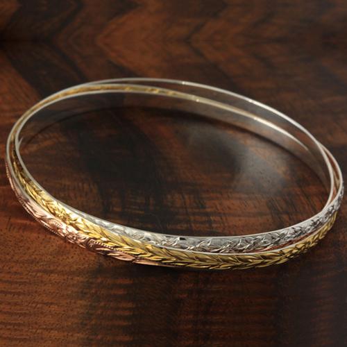 Sterling Silver Hawaiian Bangle 3 in 1 Heirloom Scroll Engraving Bangle Tri-color