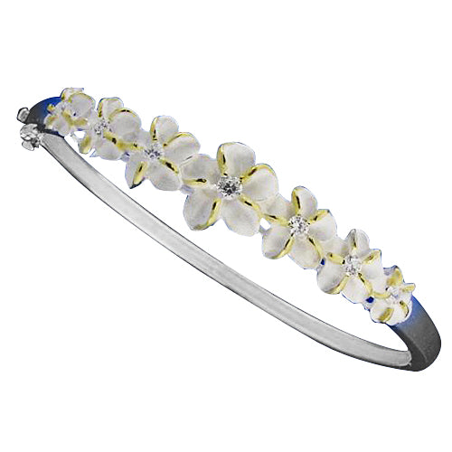 Seven Plumeria Flower Open Bangle With CZ Inlay