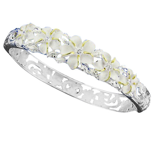 Five Plumeria Flower Open Bangle With CZ Inlay