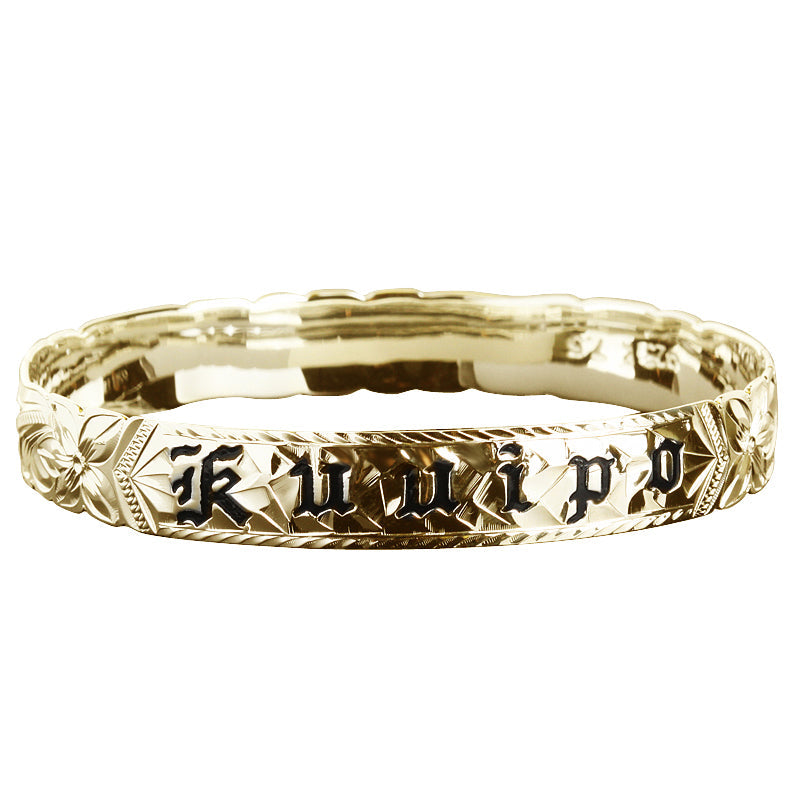 14K Gold Custom-Made Plumeria King Scroll Black Enamel Letter Cut Out Bangle (Thickness 1.25mm)