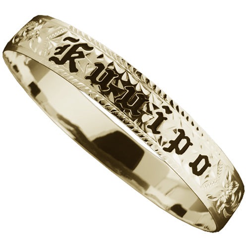 14K Gold Custom-Made Plumeria King Scroll Black Enamel Letter Smooth Edge Bangle (Thickness 1.25mm)