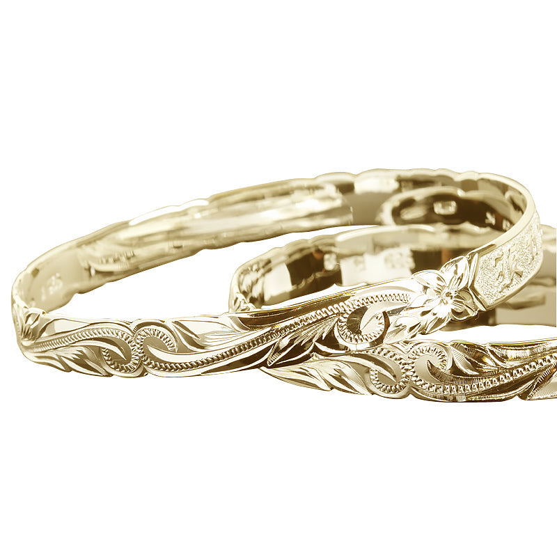 14K Gold Custom-Made Plumeria King Scroll Raise Letter Cut Out Bangle (Thickness 1.25mm)