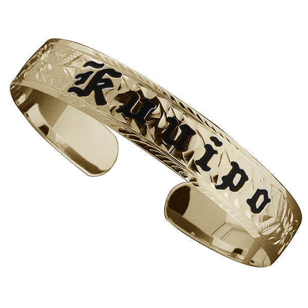 14K Gold Custom-Made Plumeria Scroll Black Enamel Letter Smooth Edge Cuff Bangle (Thickness 1.25mm)