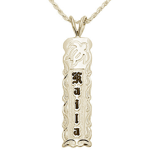 14K Gold Custom-Made Honu (Turtle) Raise Letter with Black Enamel Scroll Edge Vertical Pendant (Thickness 1.5mm)