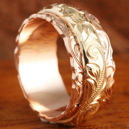 14K YG/PG Custom-Made Plumeria Scroll Cut Out Edge Double Ring (Thickness 2.0mm)