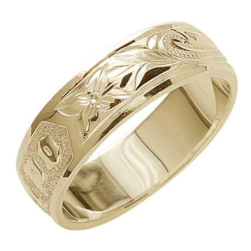 14K Gold Custom-Made Plumeria Scroll Raise Letter Smooth Edge Hawaiian Heirloom Ring (Thickness 1.5mm)