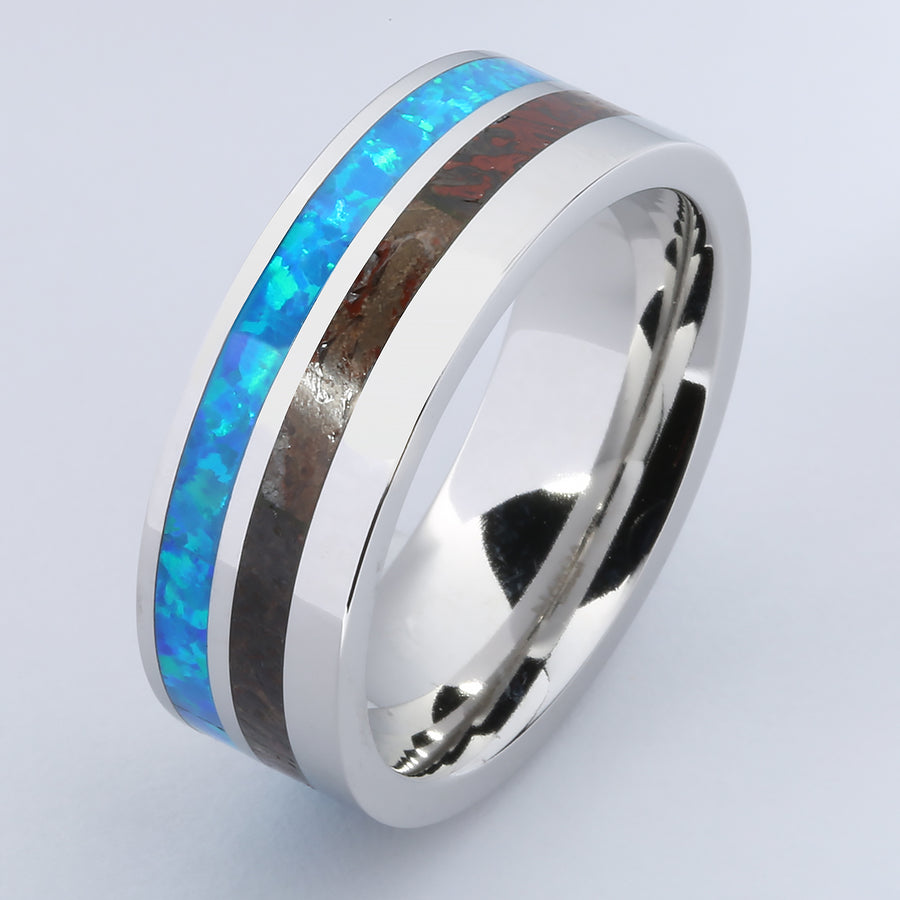 Cobalt Wedding Ring with Opal and Fossilized Dinosaur Bone Flat 8mm