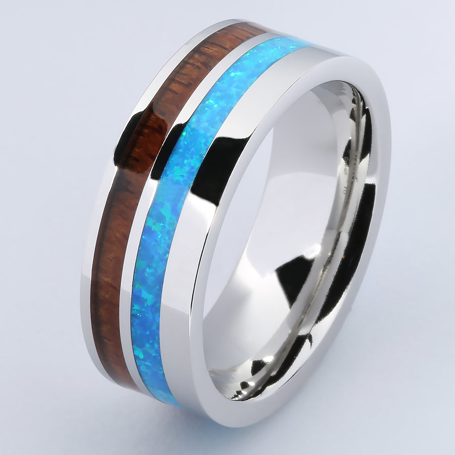 Cobalt Opal Wedding Ring with Koa Wood Flat 8mm