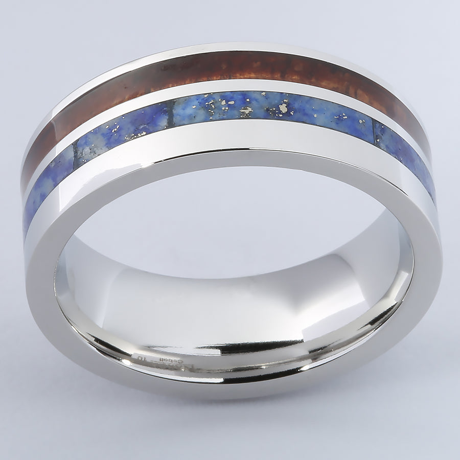 Cobalt Lapis Lazuli Wedding Ring with Koa Wood Flat 8mm