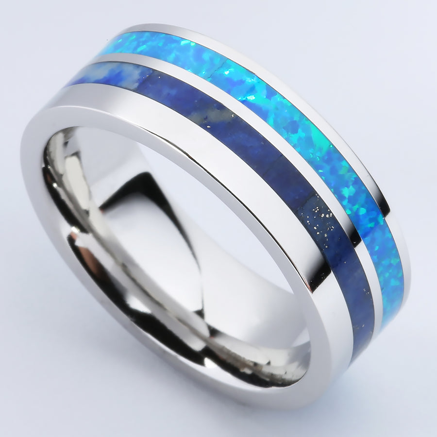 Cobalt Wedding Ring with Opal and Lapis Lazuli Flat 8mm