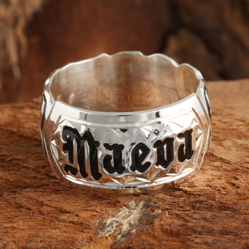Sterling Silver Custom-Made Plumeria Scroll with Black Enamel Letter Cut Out Edge Ring (Heavy 1.75)