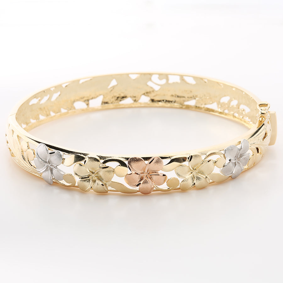 9mm 14K Yellow Gold Tri-Color Plumeria Bangle Bracelet – Nakoa