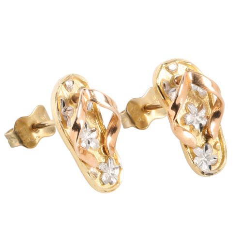 14K Tri-Color Gold Slipper (Flip Flop) Plumeria Post Earrings