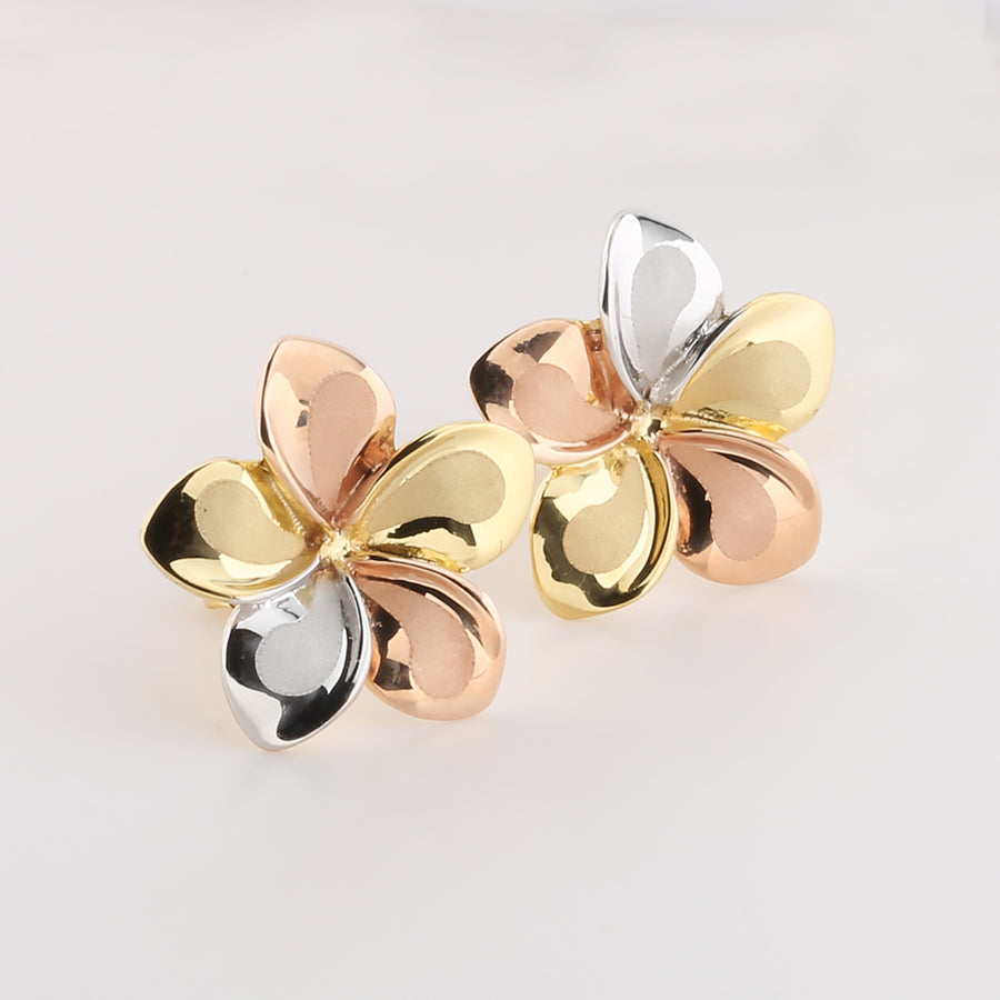 14K Solid Gold Tri-Color Plumeria Earring Stud 12.5mm