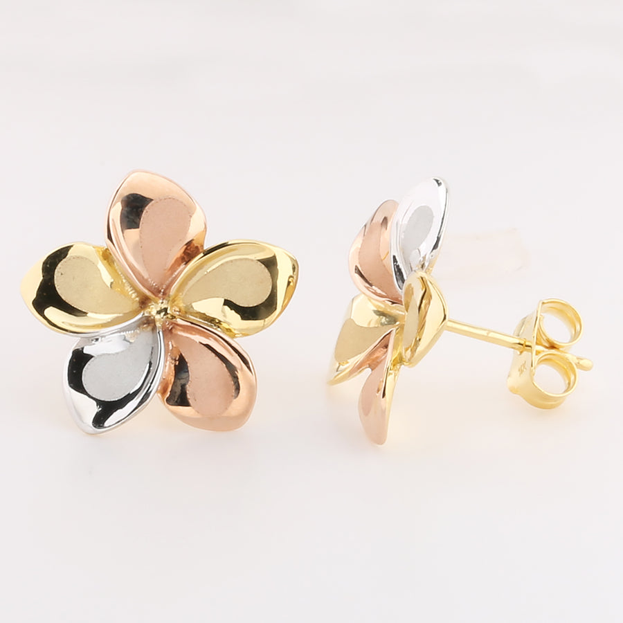 14K Solid Gold Tri-Color Plumeria Earring Stud 15.5mm