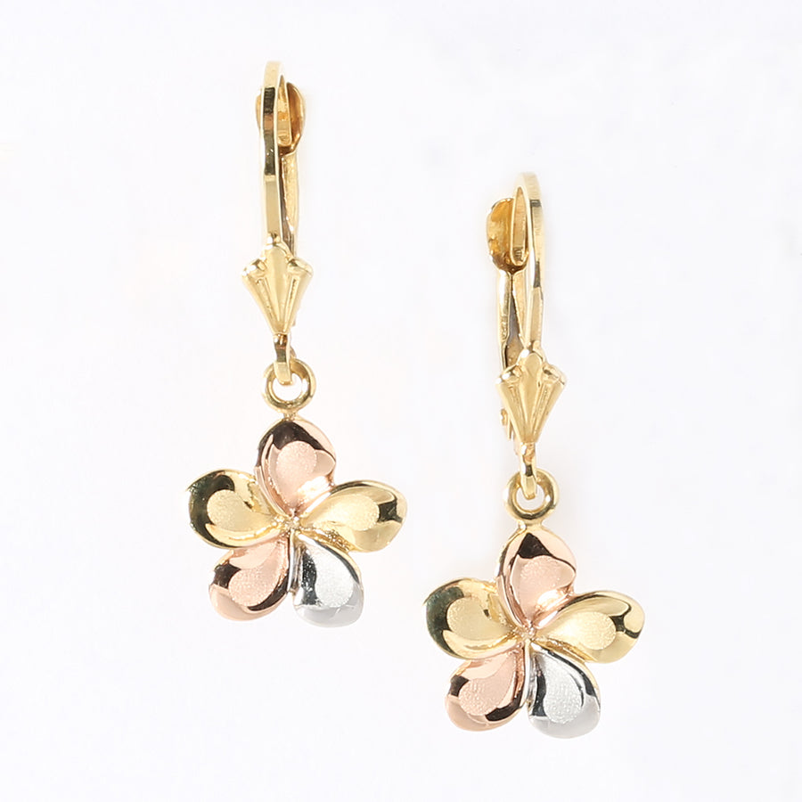 14K Solid Gold Tri-Color Plumeria Leverback Earring 10.5mm