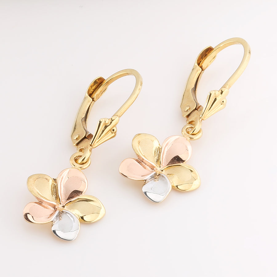 14K Solid Gold Tri-Color Plumeria Leverback Earring 12.5mm