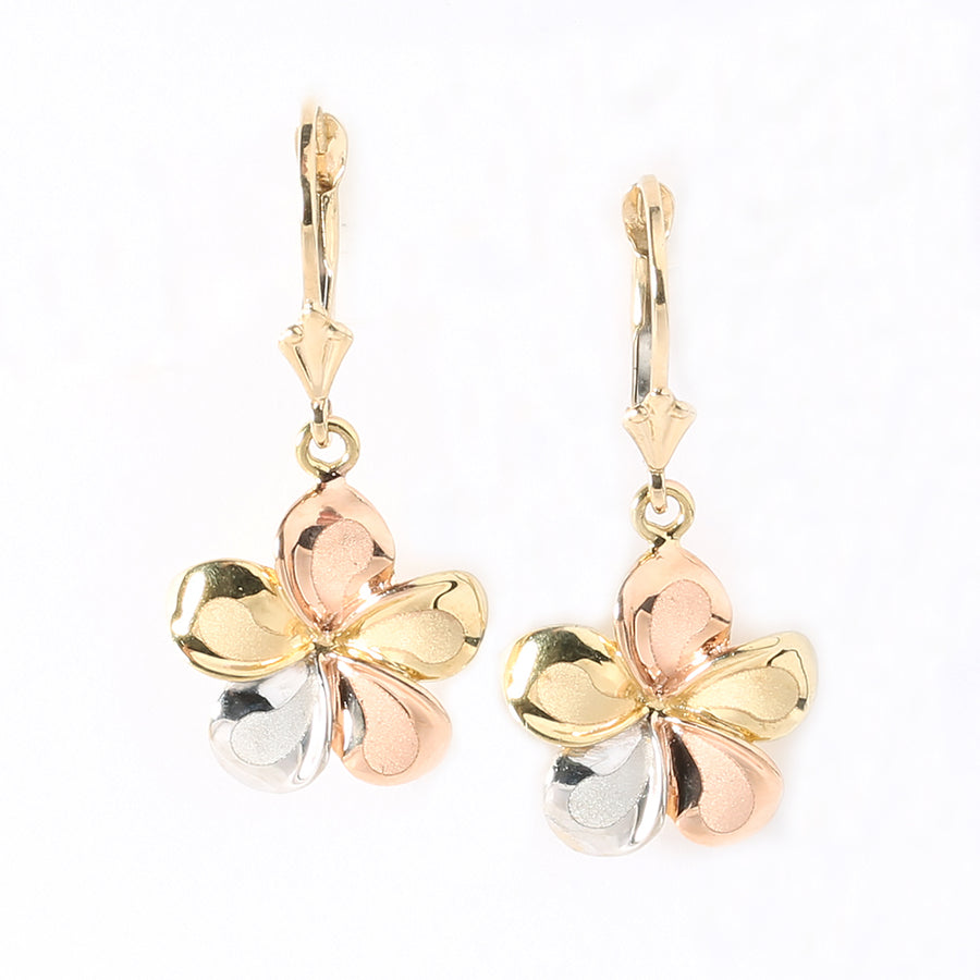 14K Solid Gold Tri-Color Plumeria Leverback Earring 14.5mm