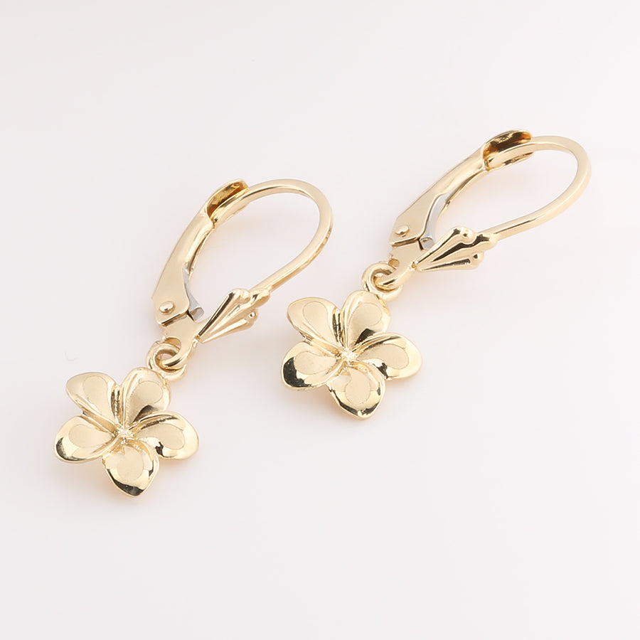 14K Solid Yellow Gold Plumeria Leverback Earring 8.5mm