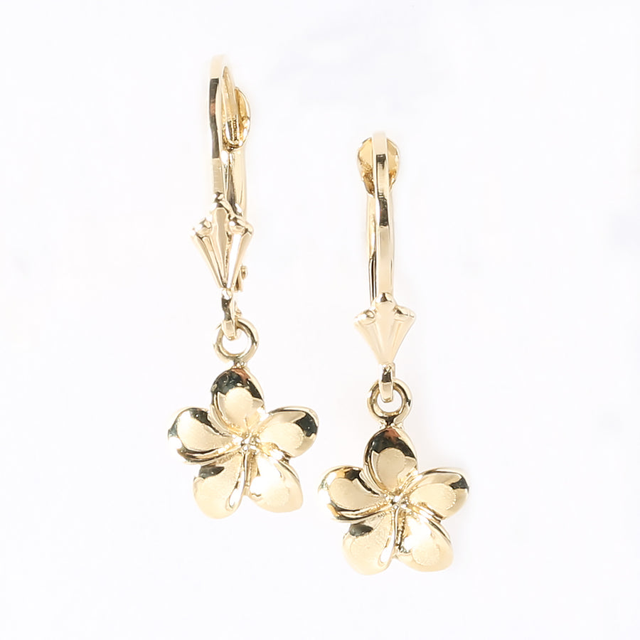 14K Solid Yellow Gold Plumeria Leverback Earring 12.5mm