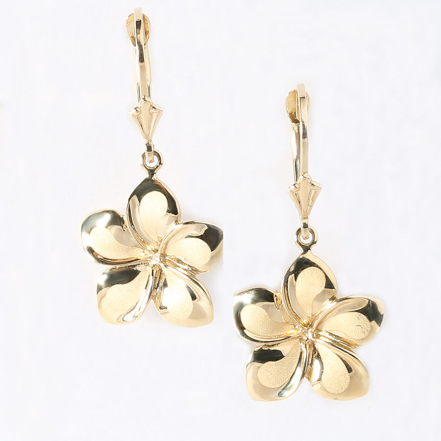 14K Solid Yellow Gold Plumeria Leverback Earring 14.5mm