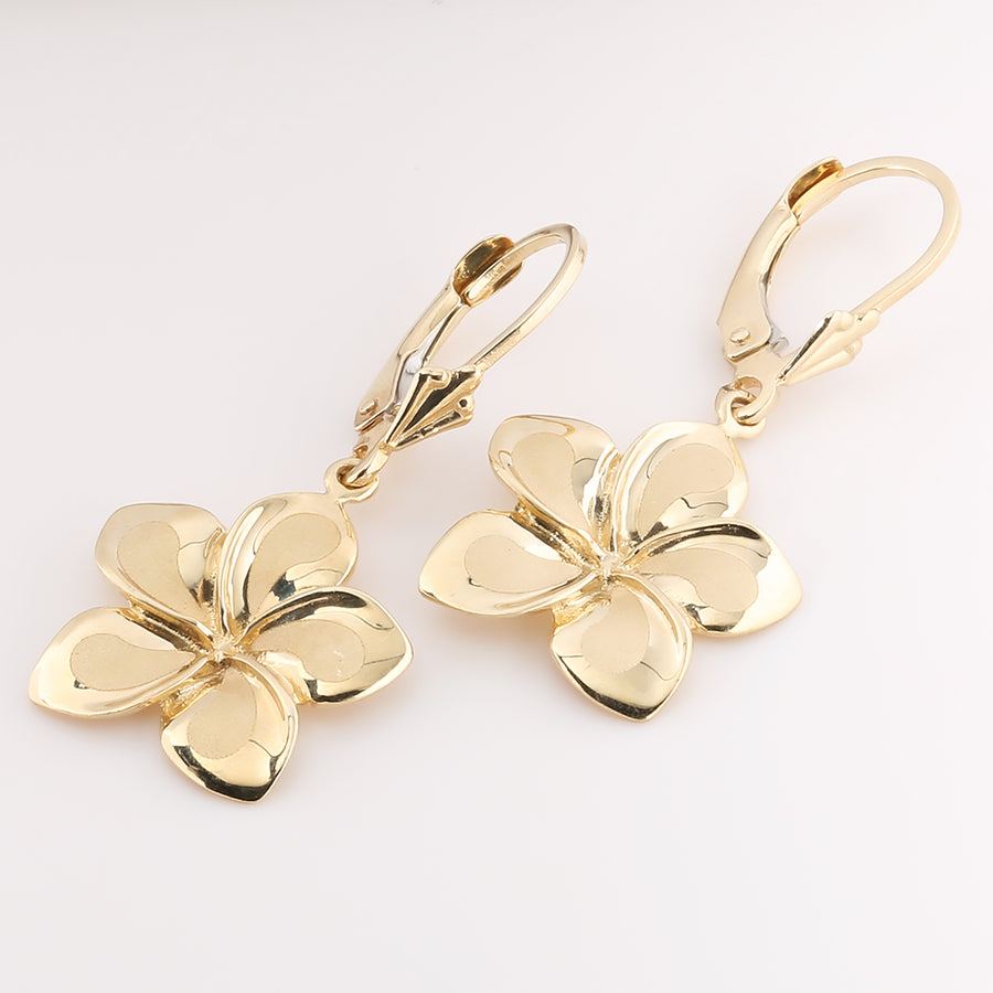 14K Solid Yellow Gold Plumeria Leverback Earring 14.5mm