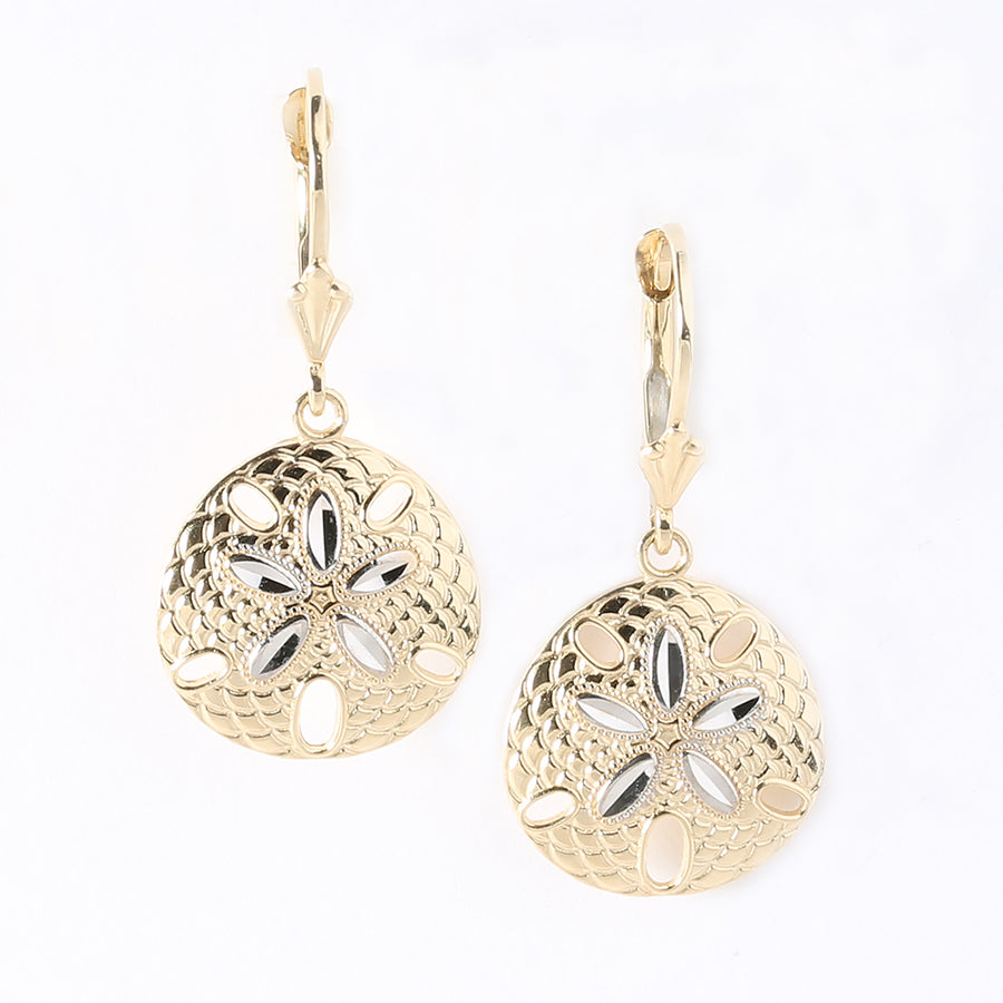 14K Solid Yellow Gold Sand Dollar Leverback Earring