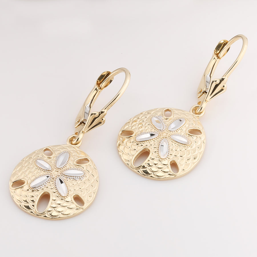 14K Solid Yellow Gold Sand Dollar Leverback Earring