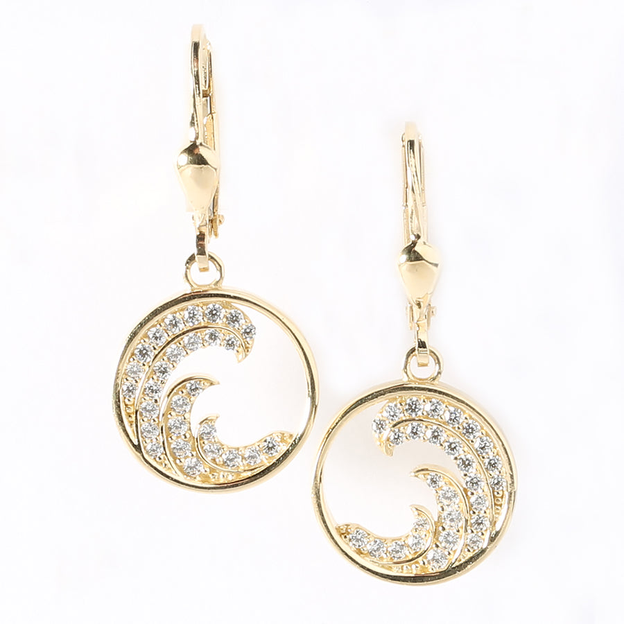 14K Solid Yellow Gold Wave Leverback Earring w/CZ