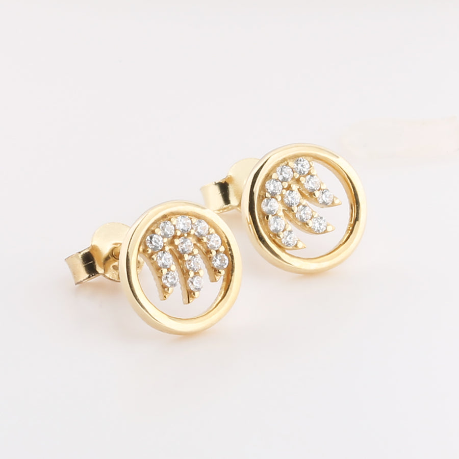 14K Solid Yellow Gold Small Wave Stud Earring w/CZ