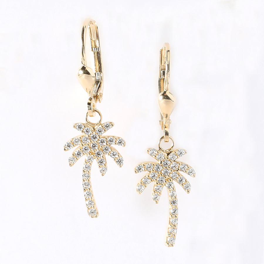 14K Solid Yellow Gold Small CZ Palm Tree Leverback Earring