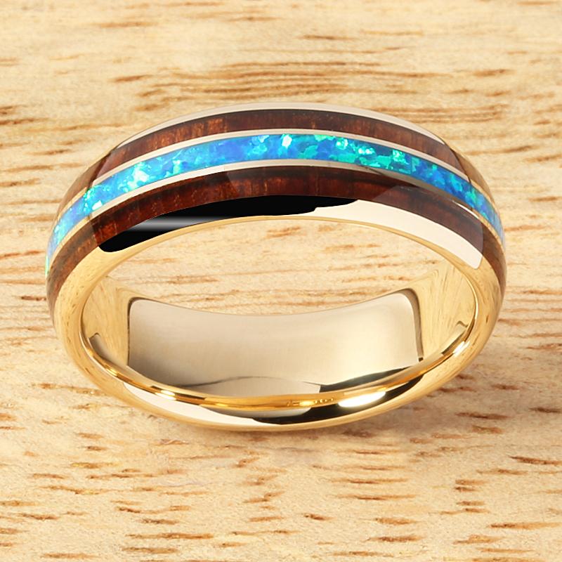 10K Yellow Gold Natural Koa Wood and Opal Triple Row Oval Wedding Ring 6mm