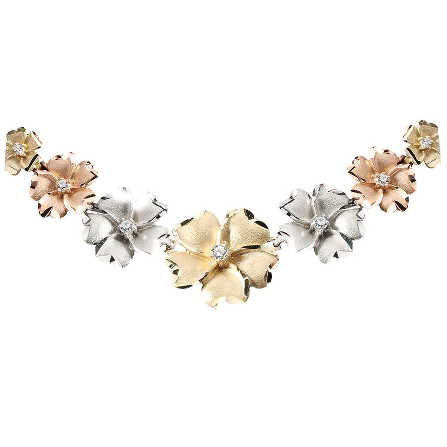 14K Solid Gold Tri-Color Hibiscus Necklace