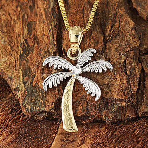 14K Two-Tone Gold (YG/WG) Palm Tree Pendant (S) (Chain Sold Separately)
