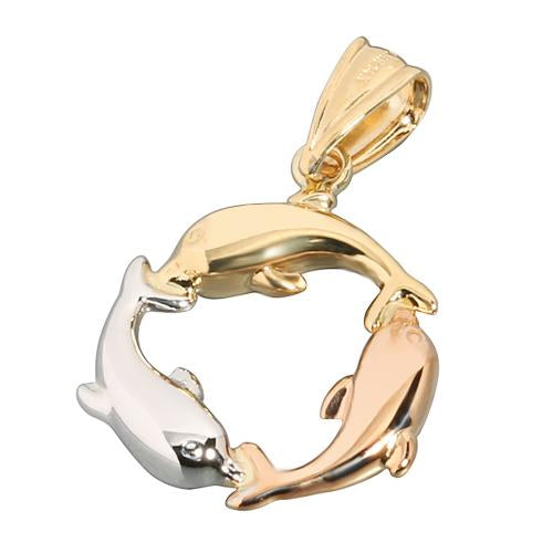 14K Tri-Color Gold Swimming Dolphins Pendant (Chain Sold Separately)