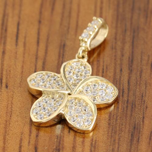 14K Yellow Gold Plumeria Paved CZ Pendant 13mm (Chain Sold Separately)