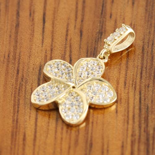 14K Yellow Gold Plumeria Paved CZ Pendant 13mm (Chain Sold Separately)