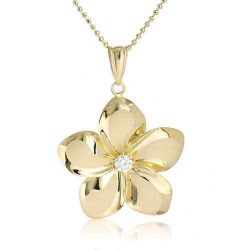 14K Yellow Gold Plumeria Pendant with CZ Pendant (XS/S/M/L) (Chain Sold Separately)