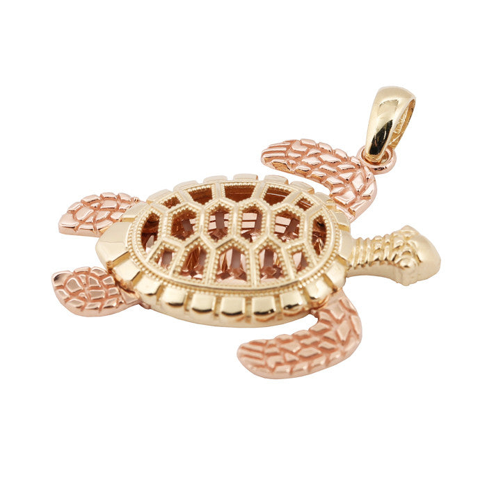 14K Gold Hawaiian Jewelry Yellow Gold/Pink Gold Two Tone Turtle Shape Pendant